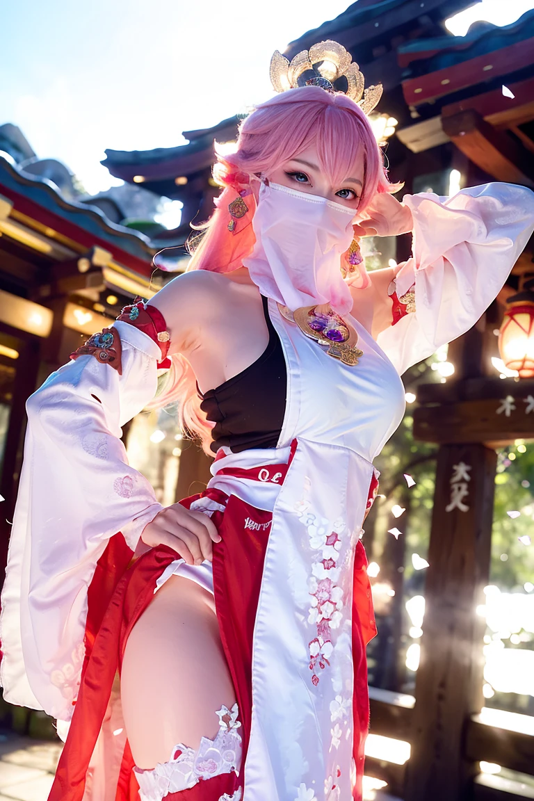 (Extreme Detail CG Unity 8K wallpaper, masterpiece, highest quality), (ulzzang-6500-v1.1:0.4) 1girl, kpop idol, yae miko, detached sleeves, pink hair, long hair, best quality, (photorealistic:1.2), (hair ornament:1.35), jewelry, wearing face veil, (white face veil, silk mask veil:1.2), purple eyes, earrings, (very huge round breasts, big breasts: 1.2), torii, cherry blossoms, lantern light, depth of field, detailed face, face focus, (looking at viewer:1.25), shiny skin, long sleeves, cowboy shot, dynamic pose, (bending forward, Show the armpits, sexypose:1.3), game cg, thigh highs, east asian architecture, night day, blurry background, full body, arms behind back, hands behind,