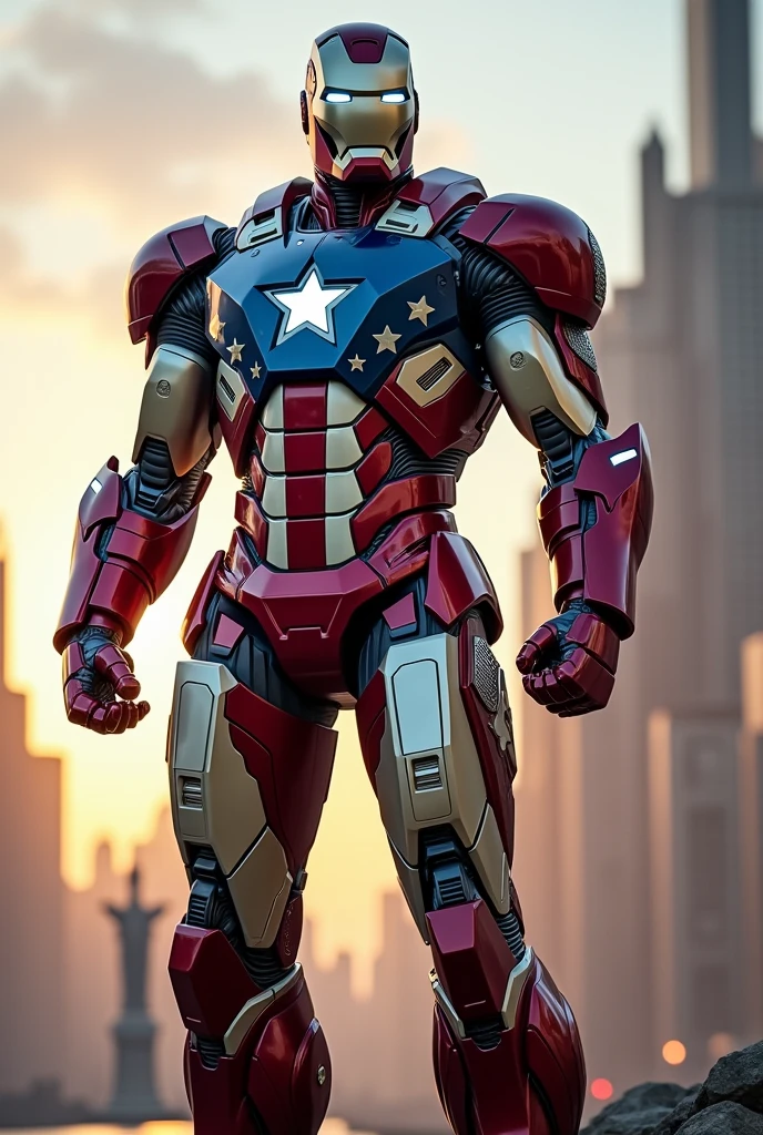 Design Iron Man as if he were the United States. His armor should incorporate the iconic stars and stripes of the American flag, with a robust, powerful stance reminiscent of a national superhero. The armor's colors should be red, white, and blue, with a sleek, modern design that reflects advanced technology and patriotism."