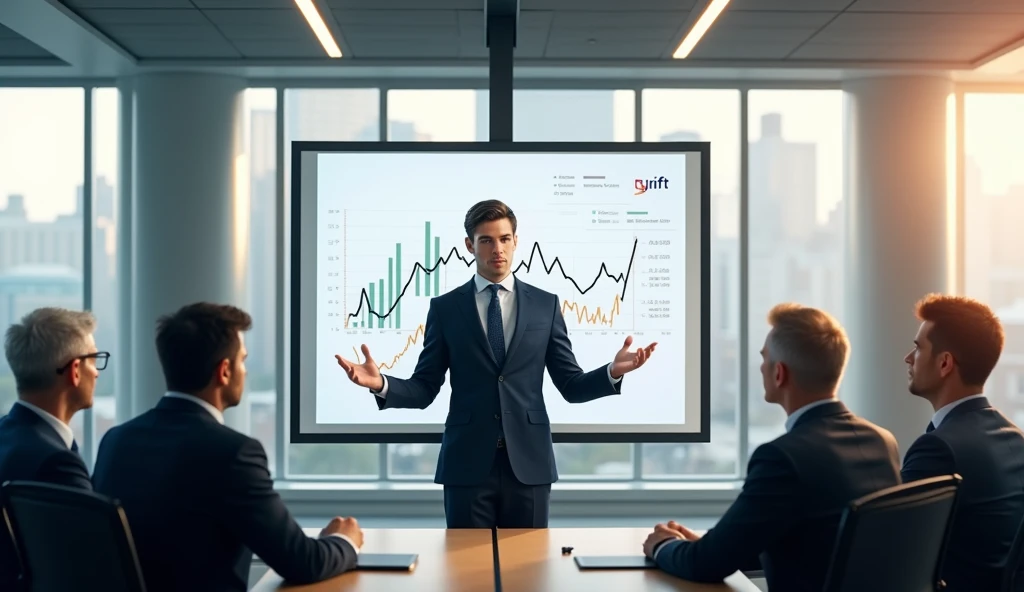 A 24 year boy explaining a profit graph of his company to the bunch of 34 year men is office room