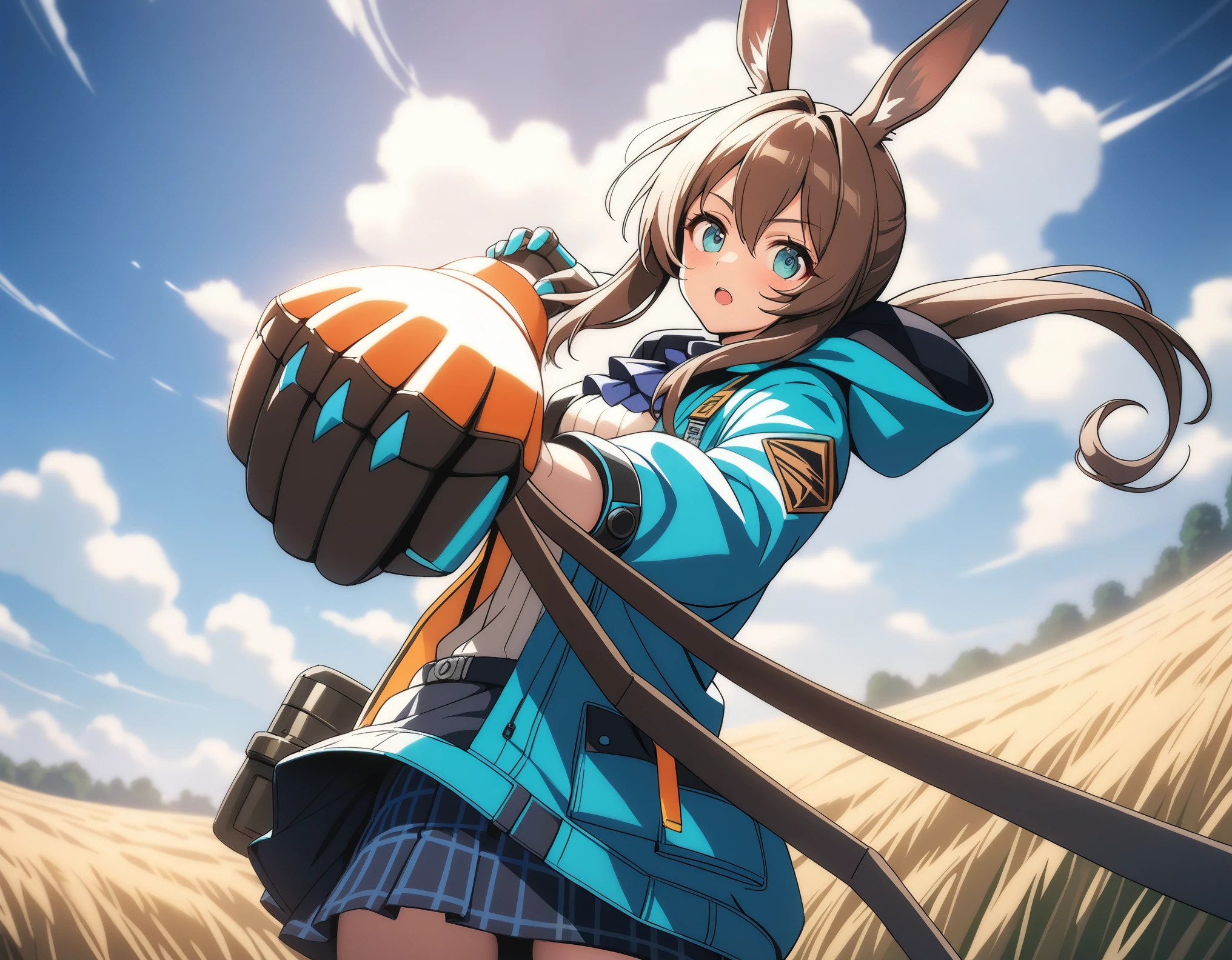 1girl, solo, amiya_(arknights), arknights, open mouth, gourmetspicer,
dark sky, holding weapon,
weapon,upper body,clenched hand,incoming attack,arm cannon,fighting stance,
looking at viewer,
dutch angle,
grasslands,
masterpiece, best quality, ultra detailed, highres,4k,(ultra-detailed:1.4) (illustration:0.5), (ray tracing,:0.8),(anime colored:0.7),(ai-generated:0.5),