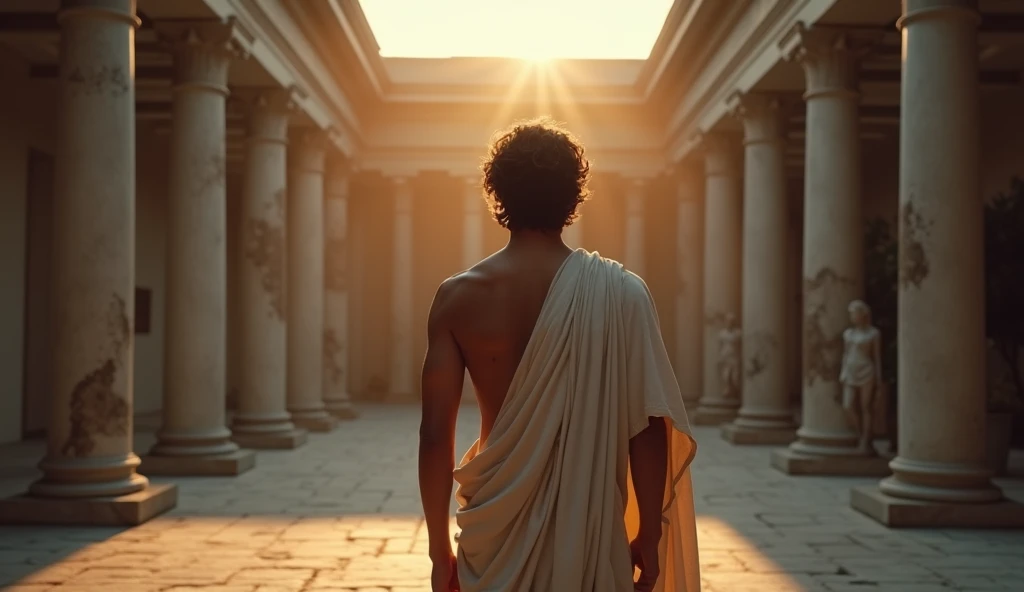 In a Roman courtyard at twilight, the young Stoic philosopher stands at a crossroads, his gaze fixed on the paths before him. His bronzed skin is illuminated by the soft, fading light, and his wavy, well-groomed hair adds a touch of elegance to his thoughtful demeanor. His classic tunic drapes seductively over his well-proportioned physique, slipping off one shoulder to reveal smooth, tanned skin and a hint of his chest, leaving the viewer intrigued and wanting more. The background hints at two diverging paths—one shrouded in darkness, the other bathed in warm, inviting light. Marble columns and statues add to the atmosphere of grandeur and contemplation. The 8K, photorealistic quality image captures the intricate folds of his tunic, the warm glow on his skin, and the philosopher's quiet resolve, symbolizing the critical decision to protect one's inner peace.