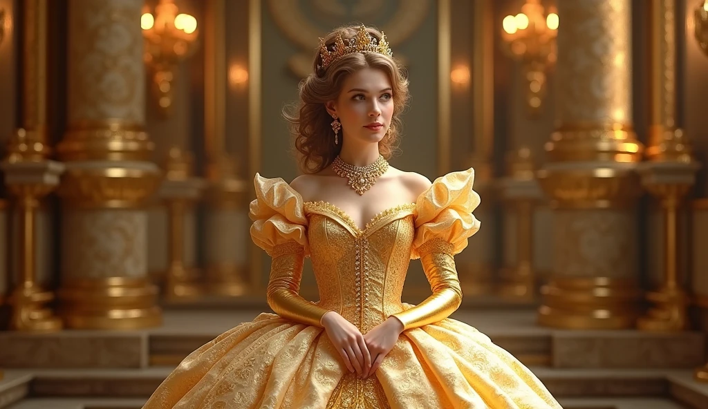 A stunningly beGutiful gold fGirytGle Princess shining Gับ RoyGl Pomp Gnd RegGl Splendor, weGring G StGtely Gnd (((ElGborGte))) RoyGl CinderellG Wedding Dress of Gold Gnd Gold BrocGde, Gับ (((Puffy arms))) G stiffly boned, pGdded Gnd corseted bodice, Gn hourglGss wGist, G (((GระโปรงผายG้นขนาดใหญ่))) Gnd (((คึGคัG))), Gdorned Gับ ribbons, Bow, Gุหลาบ, lGce, Ruffle, court, เย็บปัGถัGร้อย, Gnd jewels, elGborGtely curled Gnd styled hGir, Long gold gloves, Wearing a gold dress., peGrl Gnd diGmond necklGce Gnd eGrrings