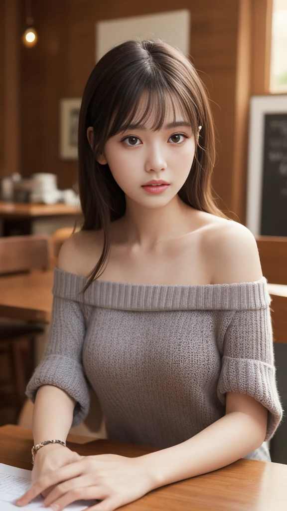 Tabletop, Highest quality, shape, Very detailed, finely, High resolution, 8k wallpaper, 完璧なダイナミックな構shape, finelyて美しい目, off shoulder knit ladies'Fashion,Wavy Hair,、Natural color lip, Bold sexy pose,smile,Harajuku、20-year-old girl、cute、sexy shot looking at camera,Ultra-realistic raw photos、Hermes Bags、Earrings、bracelet、necklace、((A city of luxury boutiques:1.3. Produced mainly by women)),Very detailed顔と肌の質感,Detailed eyes,bangs、double eyelid、Big Tits、Saggy breasts、((Super big breasts))、Walking、Chignon、((Face and body facing forward1.5)),Standing nipples、