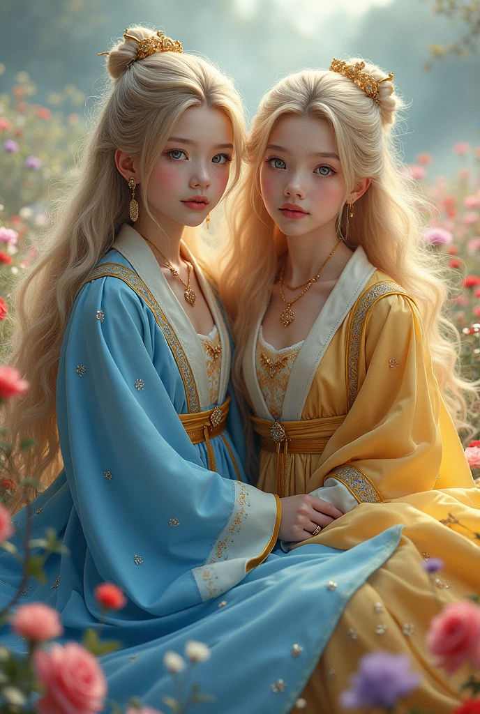 Young Man twins, (((gold and blue dress))), flowers, jewelry, long sleeves, wide sleeves, chinese clothes, hanfu, embroidery, long skirt, long flowing blond hair, detailed face, detailed beautiful blue eyes, (intricate:1.3), (arcane aura:1.2), (dreamlike:1.3), (subtle mist:1.1),(vibrant colors:1.2), (detailed hair:1.3), (ultra realistic details:1.5),