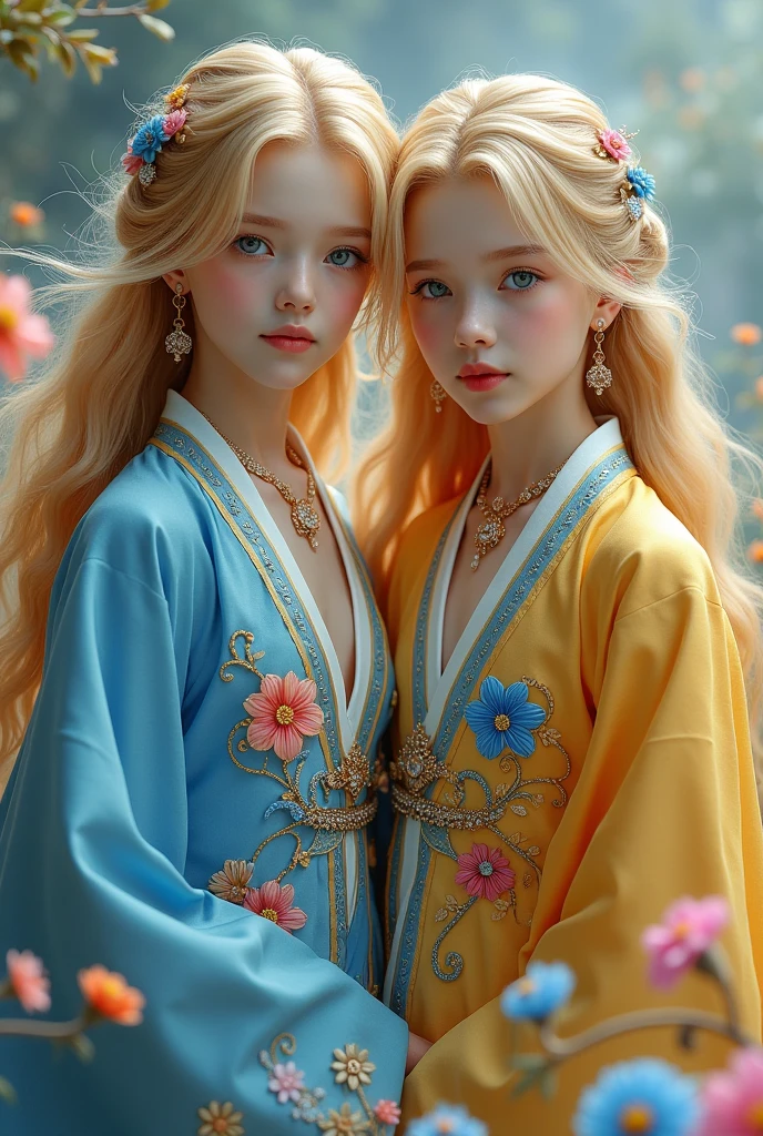 Young Man twins, (((gold and blue dress))), flowers, jewelry, long sleeves, wide sleeves, chinese clothes, hanfu, embroidery, long skirt, long flowing blond hair, detailed face, detailed beautiful blue eyes, (intricate:1.3), (arcane aura:1.2), (dreamlike:1.3), (subtle mist:1.1),(vibrant colors:1.2), (detailed hair:1.3), (ultra realistic details:1.5),