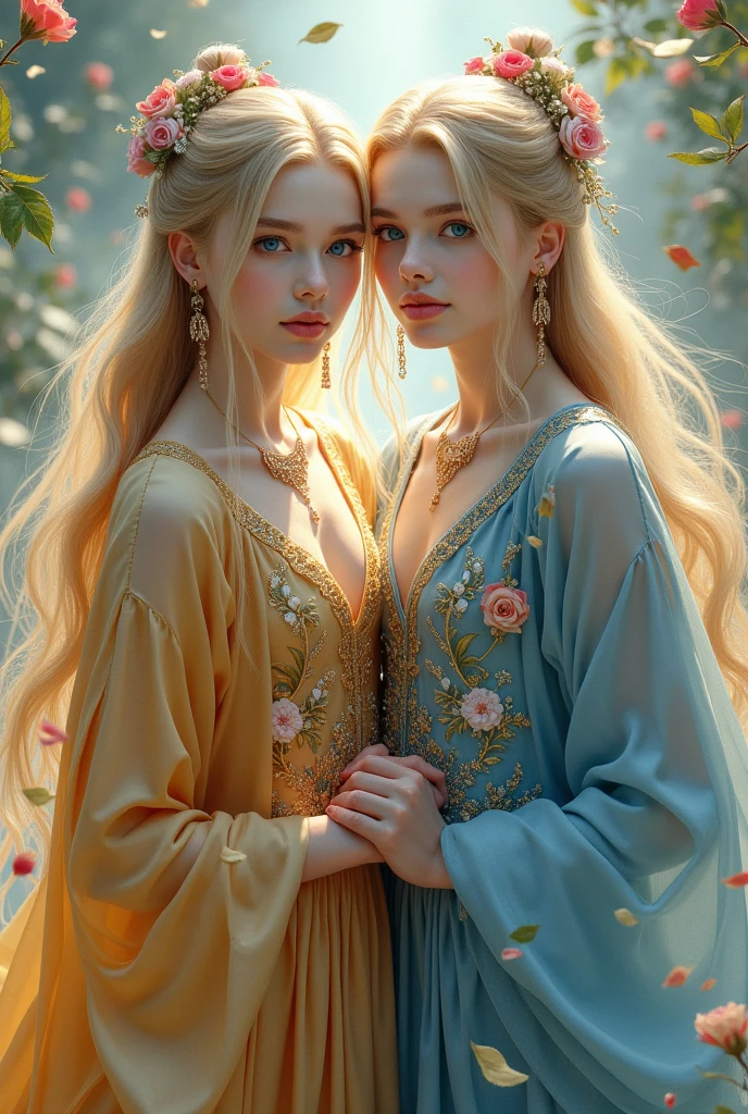 Young Man twins, (((gold and blue dress))), flowers, jewelry, long sleeves, wide sleeves, chinese clothes, hanfu, embroidery, long skirt, long flowing blond hair, detailed face, detailed beautiful blue eyes, (intricate:1.3), (arcane aura:1.2), (dreamlike:1.3), (subtle mist:1.1),(vibrant colors:1.2), (detailed hair:1.3), (ultra realistic details:1.5),