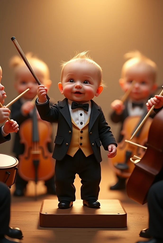 A newborn baby dressed as a real orchestra conductor, and behind him are newborn babies playing flutes, violins and drums, just like in real life.