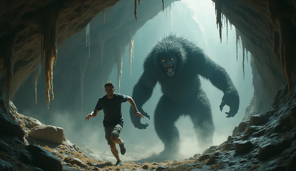 A man hunted by a wild black fur animal in an extraterrestrial world. From the cave ceiling, leeches fall limply.