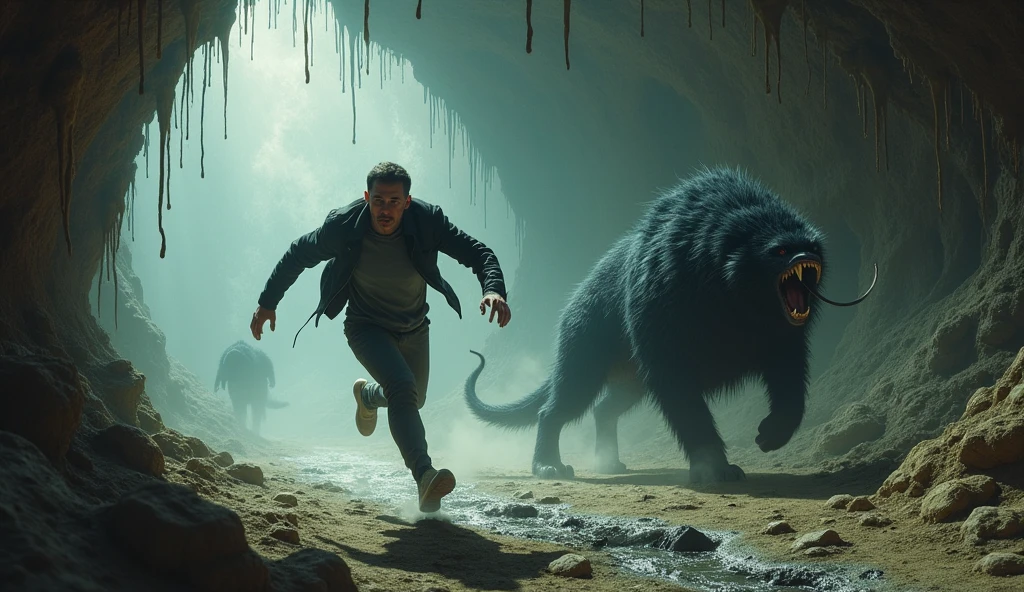 A man hunted by a wild black fur animal in an extraterrestrial world. From the cave ceiling, leeches fall limply.