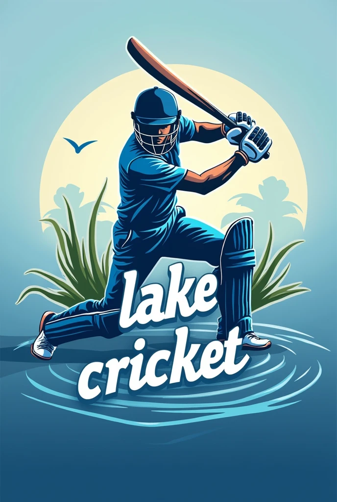 A logo which describes lake cricket,add the word " lake cricket" in different styles and colours,then add a cover drive Pose above and behind the word and the word should be smaller than the cover drive pose