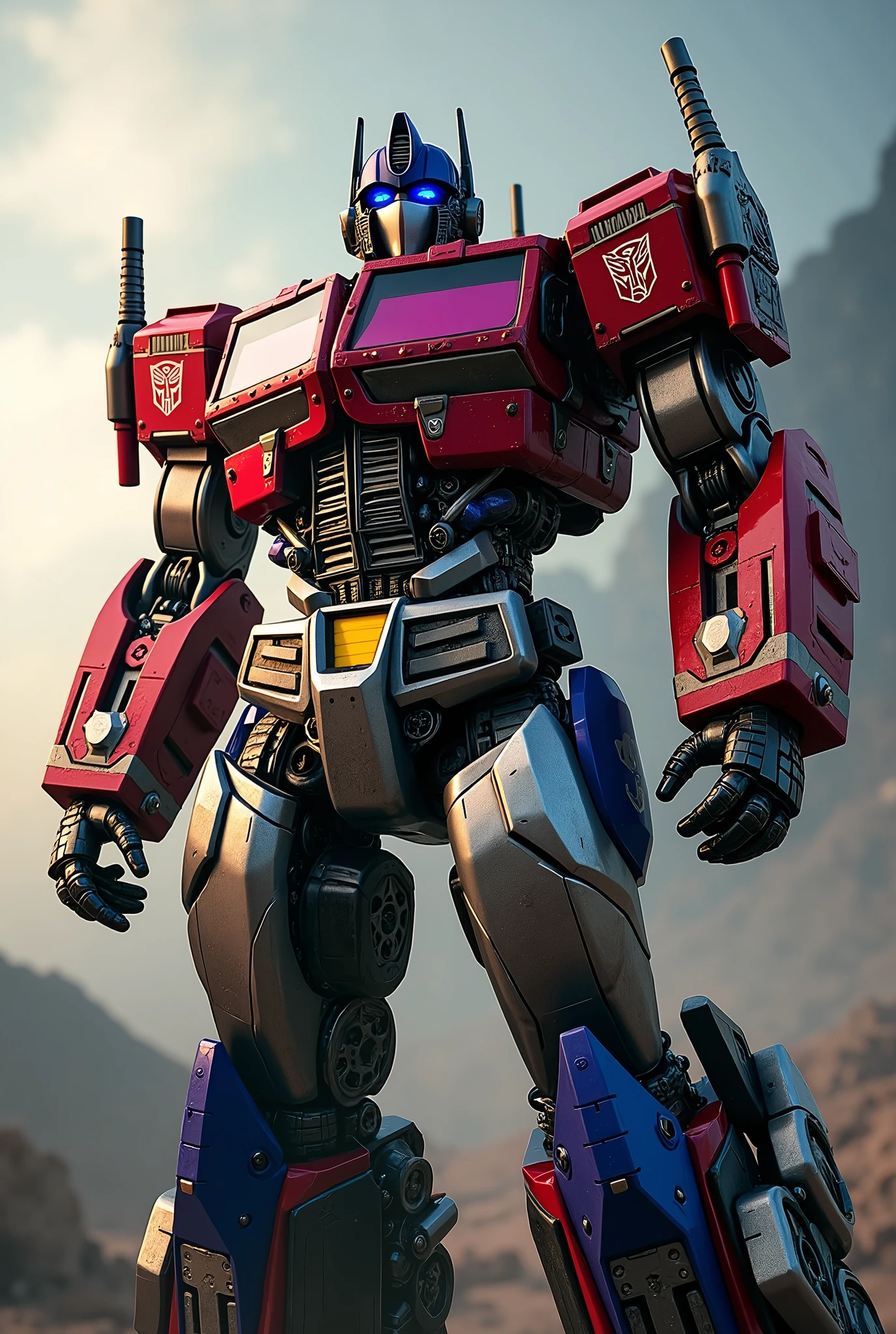 (Optimus Prime, Transformers, robot, truck, transformation, mecha, sci-fi, highly detailed, photorealistic, 8k, cinematic lighting, dramatic angles, complex machinery, intricate details, gleaming metal, powerful, heroic pose)