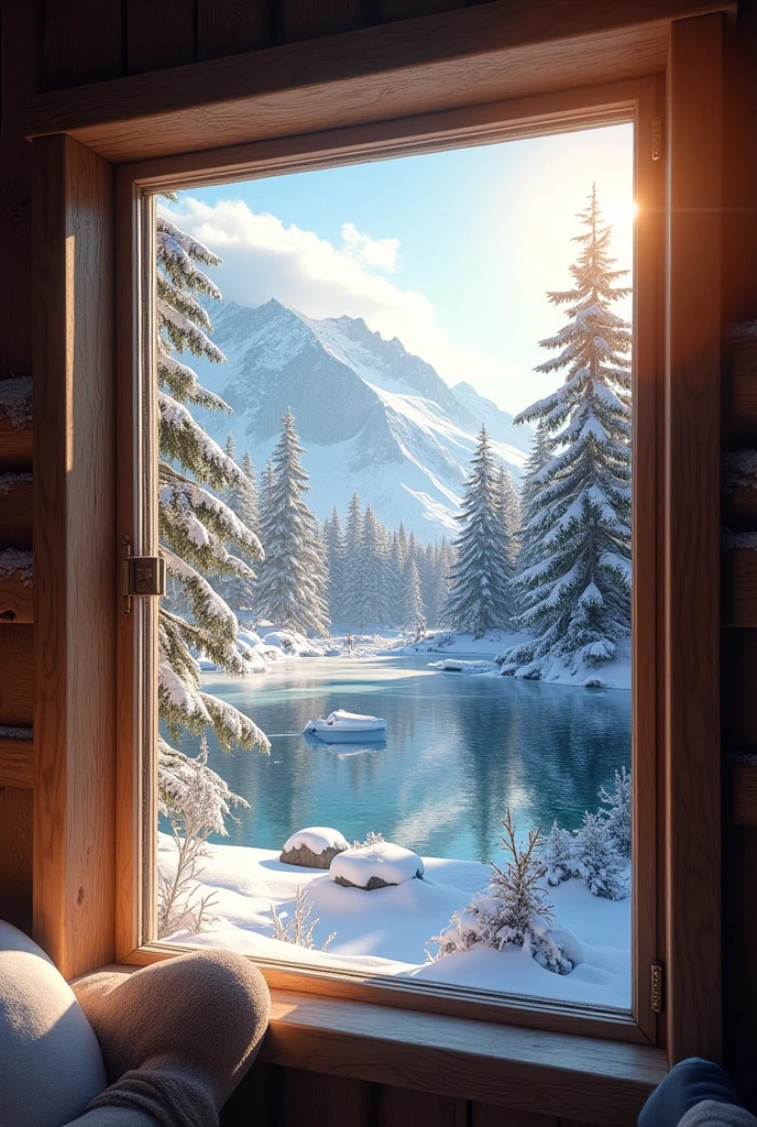 a beautiful snowy landscape view from the window of a cabin, (best quality,4K,8K,high resolution,masterpiece:1.2),Extremely detailed,(Practical,photoPractical,photo-Practical:1.37),HDR,Ultra HD,Studio Lighting,Super Fine,Clear focus,Physically Based Rendering,Extremely detailed的描述,professional,Bright colors,Bokeh,landscape,winter,snow,Mountains,pine,Frozen Lake,Cozy cottage,Warm lighting,Frost,icicle,peaceful,serene