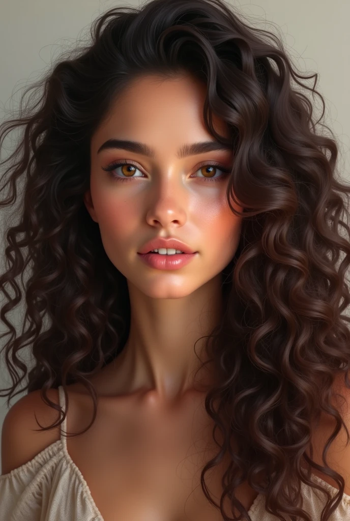 A brunette girl with curly h