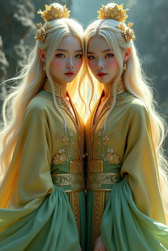 Young men twins, (((gold and green dress))), flowers, jewelry, long sleeves, wide sleeves, chinese clothes, hanfu, embroidery, long skirt, long flowing blonde hair, detailed face, detailed beautiful eyes, (intricate:1.3), (arcane aura:1.2), (dreamlike:1.3), (subtle mist:1.1),(vibrant colors:1.2), (detailed hair:1.3), (ultra realistic details:1.5),