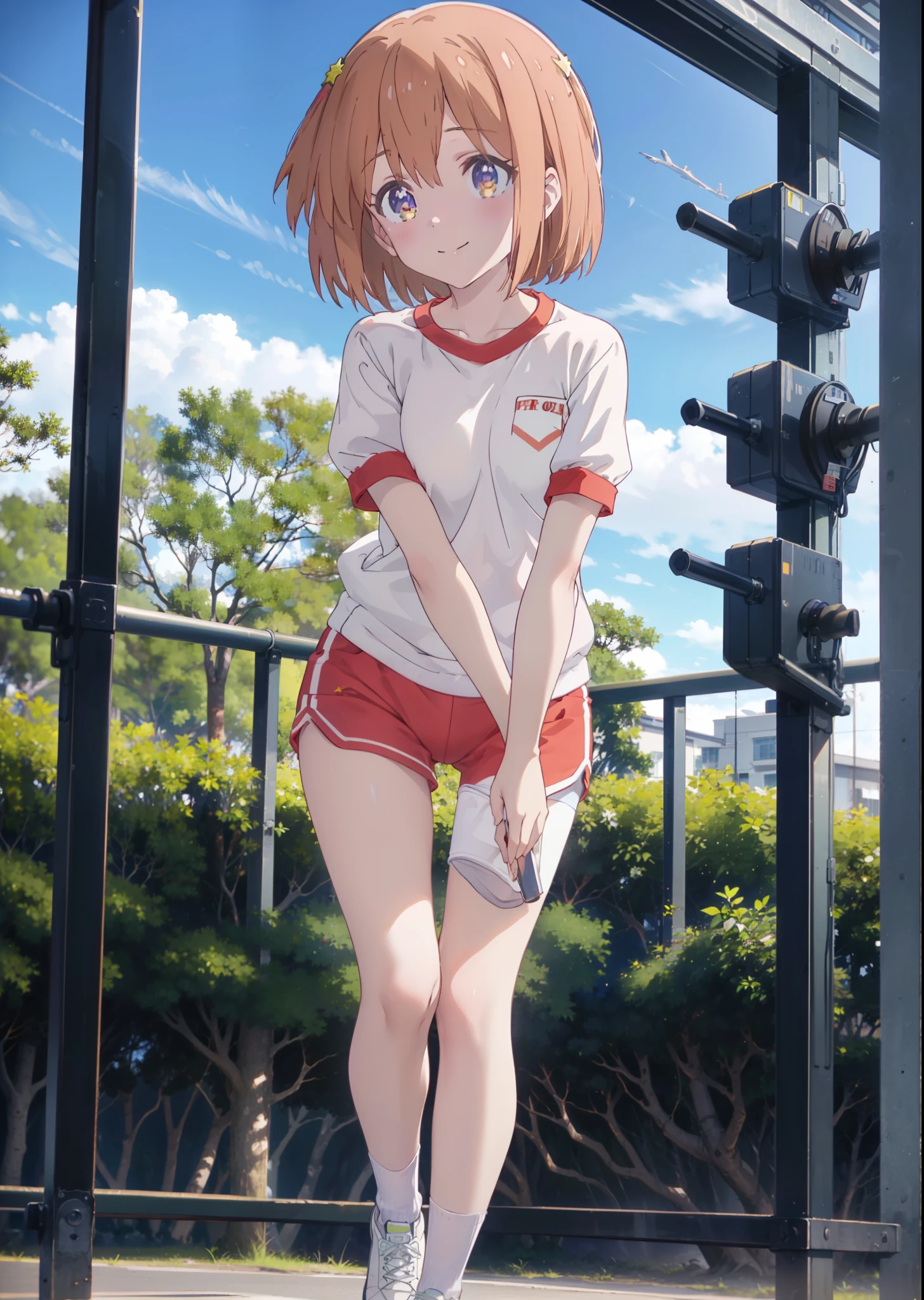 Mira Konohata, evening,Sunset sky,Seaside,orange clouds,Check it out, short hair, bangs, orange hair, (Purple eyes:1.2),(Gym clothes with short sleeves:1.5), Gymnastics, (Girl wearing gym clothes), (Girl in gym clothes),Leaning forward, Sportswear, Blue_Shorts, White knee-high socks,Focus on the feet,White_sneakers, White_sports boots,Daytime,Clear skies,Palm tree,Walking,smile,Close your mouth,blush,whole bodyがイラストに入るように,Focus on shoes,
BREAK outdoors, tropical,Tropical,Coastal Road,
BREAK looking at viewer, whole body,
BREAK (masterpiece:1.2), Highest quality, High resolution, unity 8k wallpaper, (figure:0.8), (Beautiful attention to detail:1.6), Highly detailed face, Perfect lighting, Highly detailed CG, (Perfect hands, Perfect Anatomy),