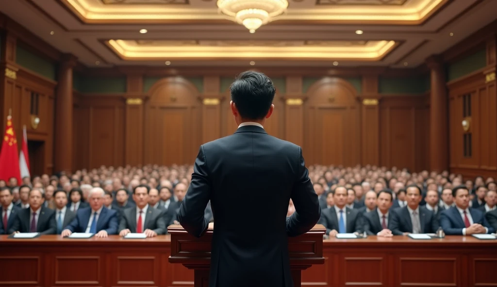 A young Chinese man in a suit is speaking to politicians from various countries in a huge lecture hall.,Politicians from all over the world are looking at men,No flag appears
