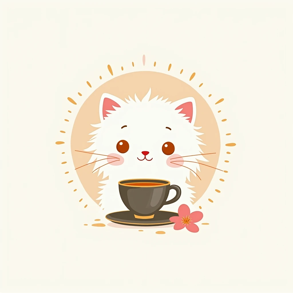 create a logo with the free logo maker, cute persian cat head drinking cup of tea, orange eyes, extra hair on cheek, professional logo design, clean logo design, logo design, logo graphic design, abstract logo, professional logo, logo conceptual design, white background, logo vector art, pink leaf, digital art logo, logo design, 3D logo, gold theme, delicate details golden stroke, Simple logo, gold foil, cat body