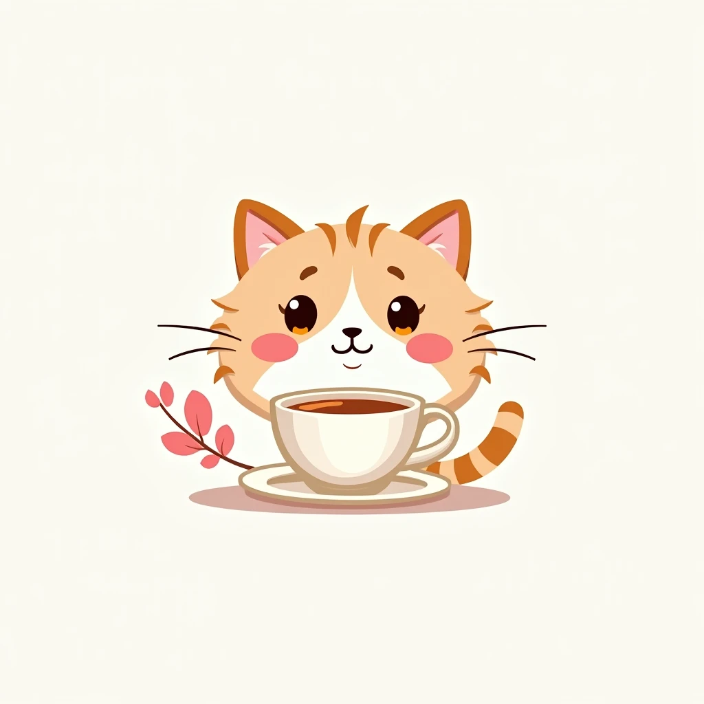 create a logo with the free logo maker, cute persian cat head drinking cup of tea, orange eyes, extra hair on cheek, professional logo design, clean logo design, logo design, logo graphic design, abstract logo, professional logo, logo conceptual design, white background, logo vector art, pink leaf, digital art logo, logo design, 3D logo, gold theme, delicate details golden stroke, Simple logo, gold foil, cat body