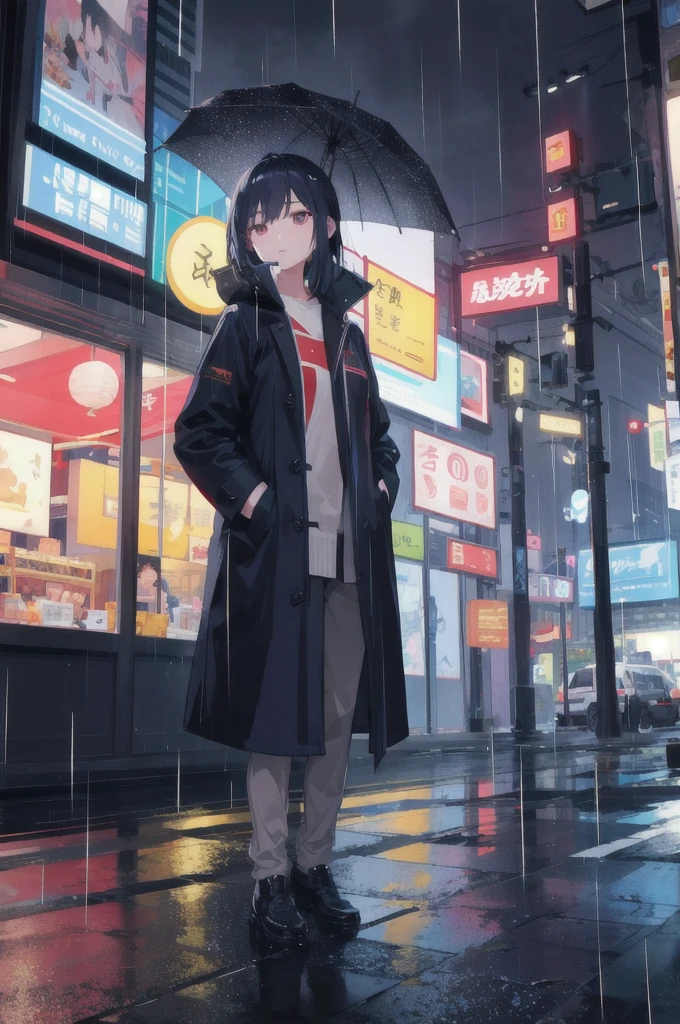 1 asian girl,night city,rain,coat,hands in pockets