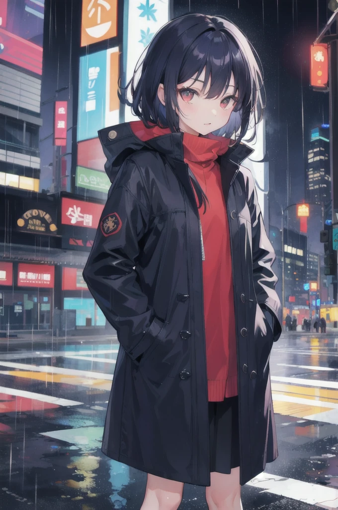 1 asian girl,night city,rain,coat,hands in pockets