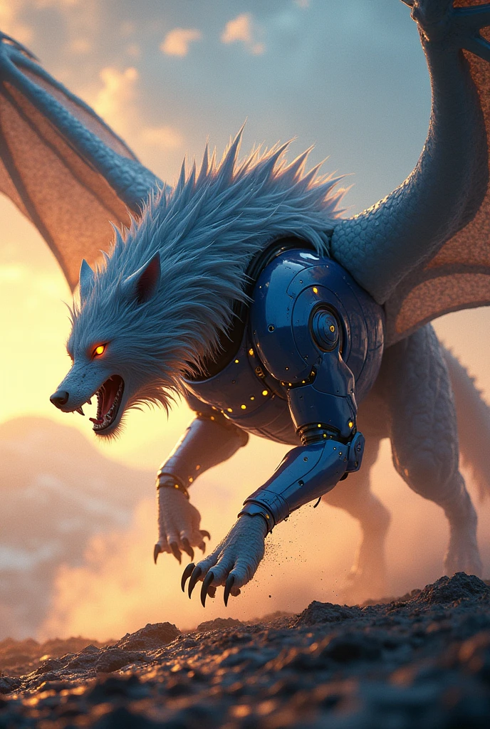 A wolf with a robotic blue Armor with a scary face
in a imaginary world with watery fire butiful fight in noon time with a dragon