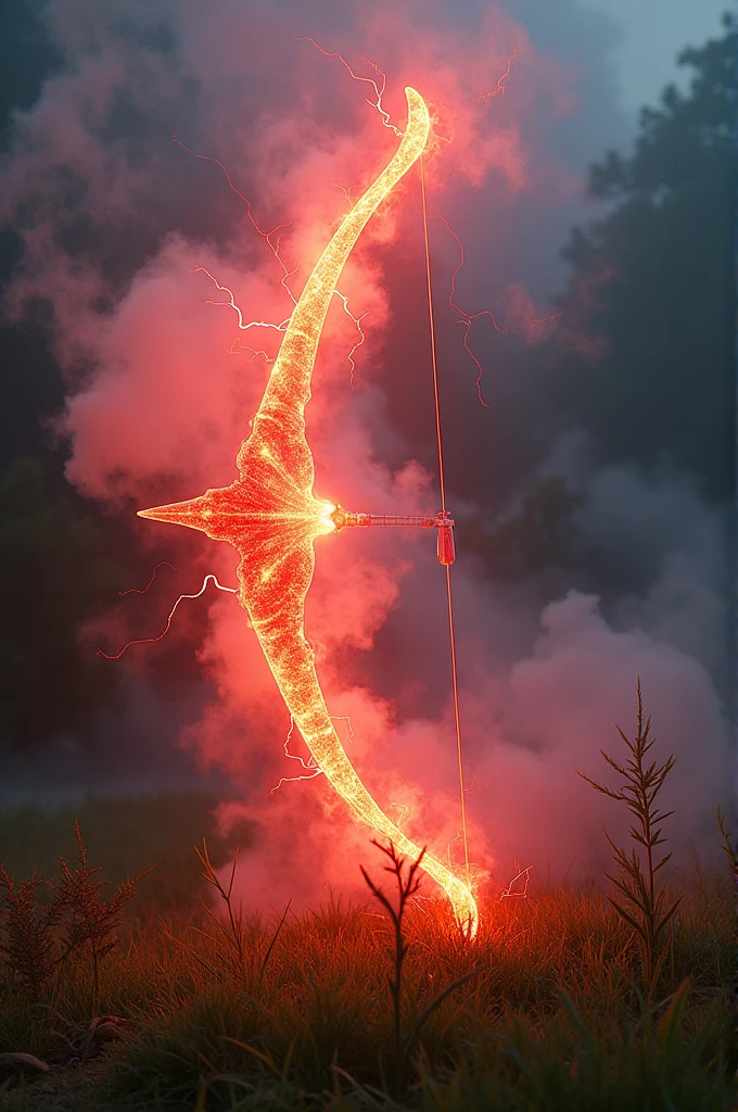 A heavy celestial bow emitting red lighting around it, the bow is creating smoke in the background, the bow is placed in a grassy land, macro photography, high contrast, vivid colors, day time image.