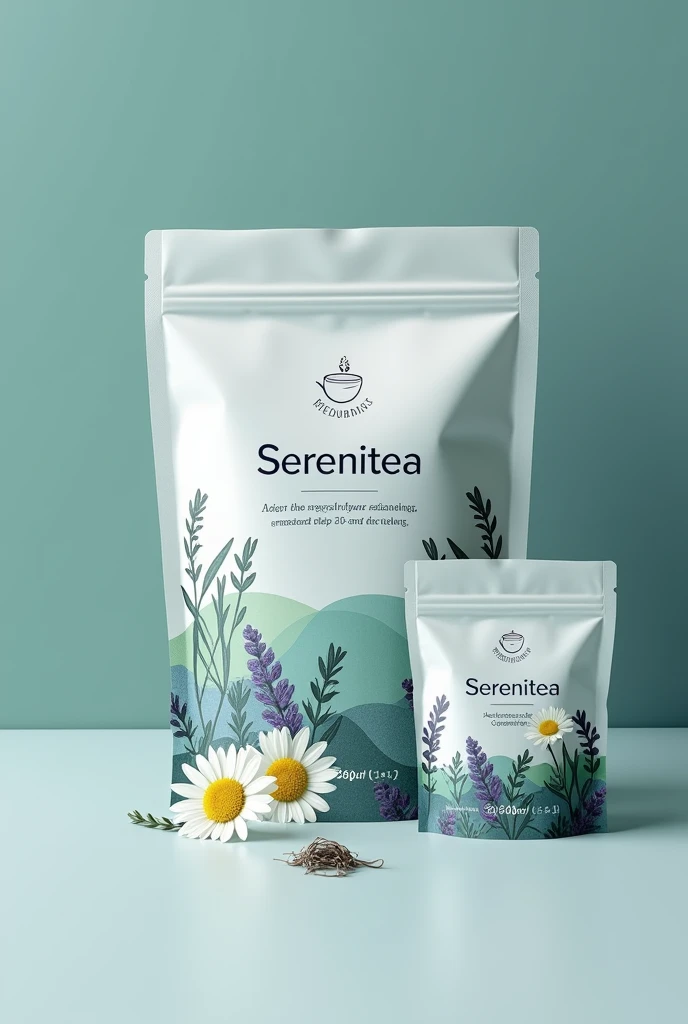 Prompt:
Create a detailed prototype and packaging design for SereniTea, a calming tea blend designed to promote relaxation and sleep, offered exclusively in biodegradable tea bags.

Tea Bag with Packaging:
Focus on eco-friendly materials, using biodegradable components for the tea bags and their packaging.
Design the packaging with soothing colors such as soft blues, greens, and lavenders, creating a calming and tranquil aesthetic.
Incorporate imagery that represents the natural ingredients (chamomile, lavender, valerian root) to emphasize health, wellness, and the tea’s sleep-enhancing properties.
Ensure the packaging is modern and minimalistic, appealing to health-conscious, environmentally-aware consumers.
The design should evoke a sense of tranquility and well-being, making it clear that SereniTea is the perfect choice for a restful night's sleep.

