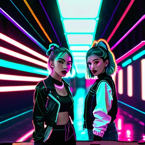 Cyberpunk style two sisters, neon lights 