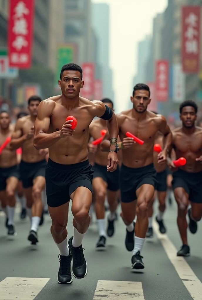 Mixed-race soldiers running shirtless, in black shorts, white socks and black sneakers, with black armbands on the left arms, segurando bastões vermelhos In the hands, In the hands, in a marathon full of spectators on a street in a big city.