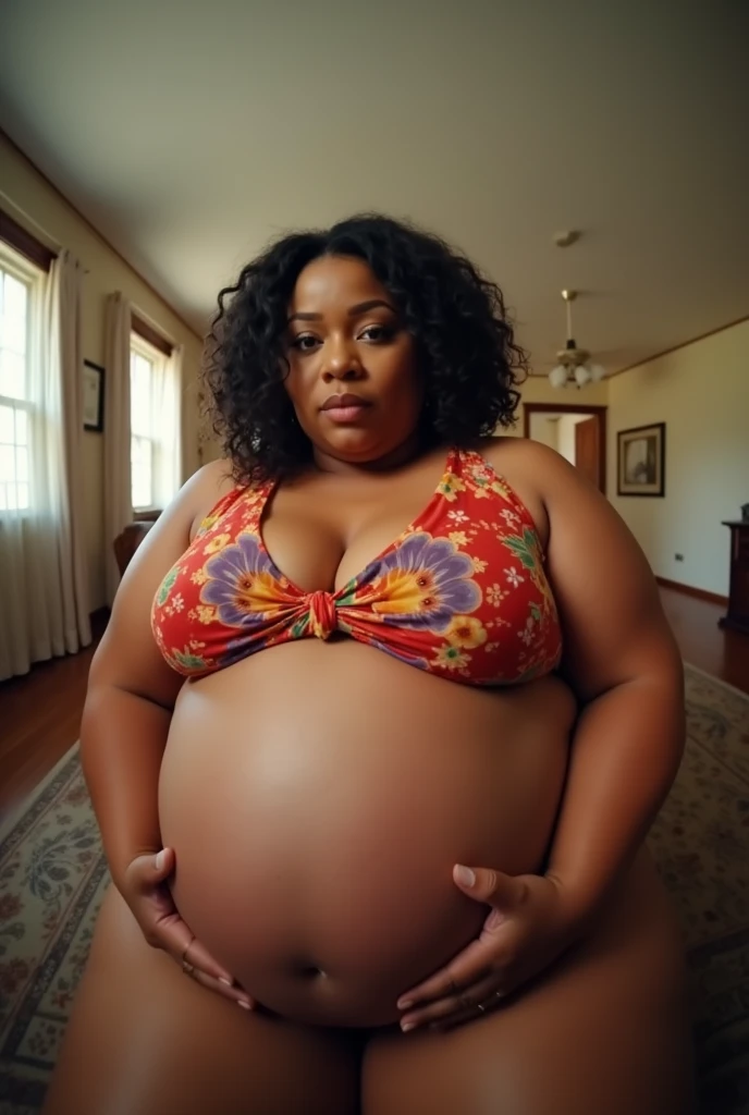 Your POV view when you have a stepmother Cardi B with a plus size body who is pregnant with her big belly while at home. fisheye camera view, iphone camera style. HD, realface, cinematic