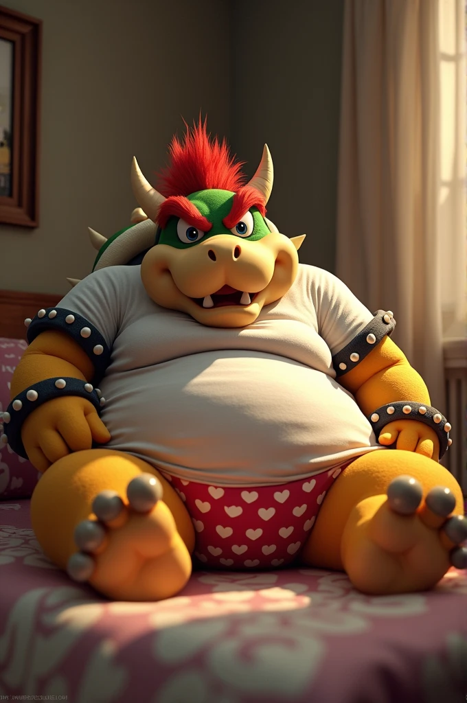 Bowser from Super Mario, morbidly obese, huge round belly, huge moobs, embarrassed, blushing, heart underpants, laying in a bed, tight short sleeves t-shirt