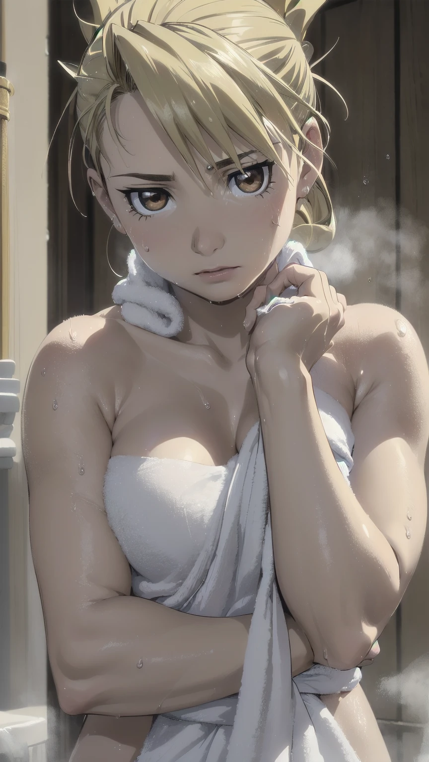 masterpiece, highest quality, High resolution, 1 girl, Hamriz, ponytail、brown eyes,inside the room、muscular body、blush、Composition from the front、アニメ、(((Big 、Upper body close-up、Completely naked、Wrap a bath towel naked、Wet)))