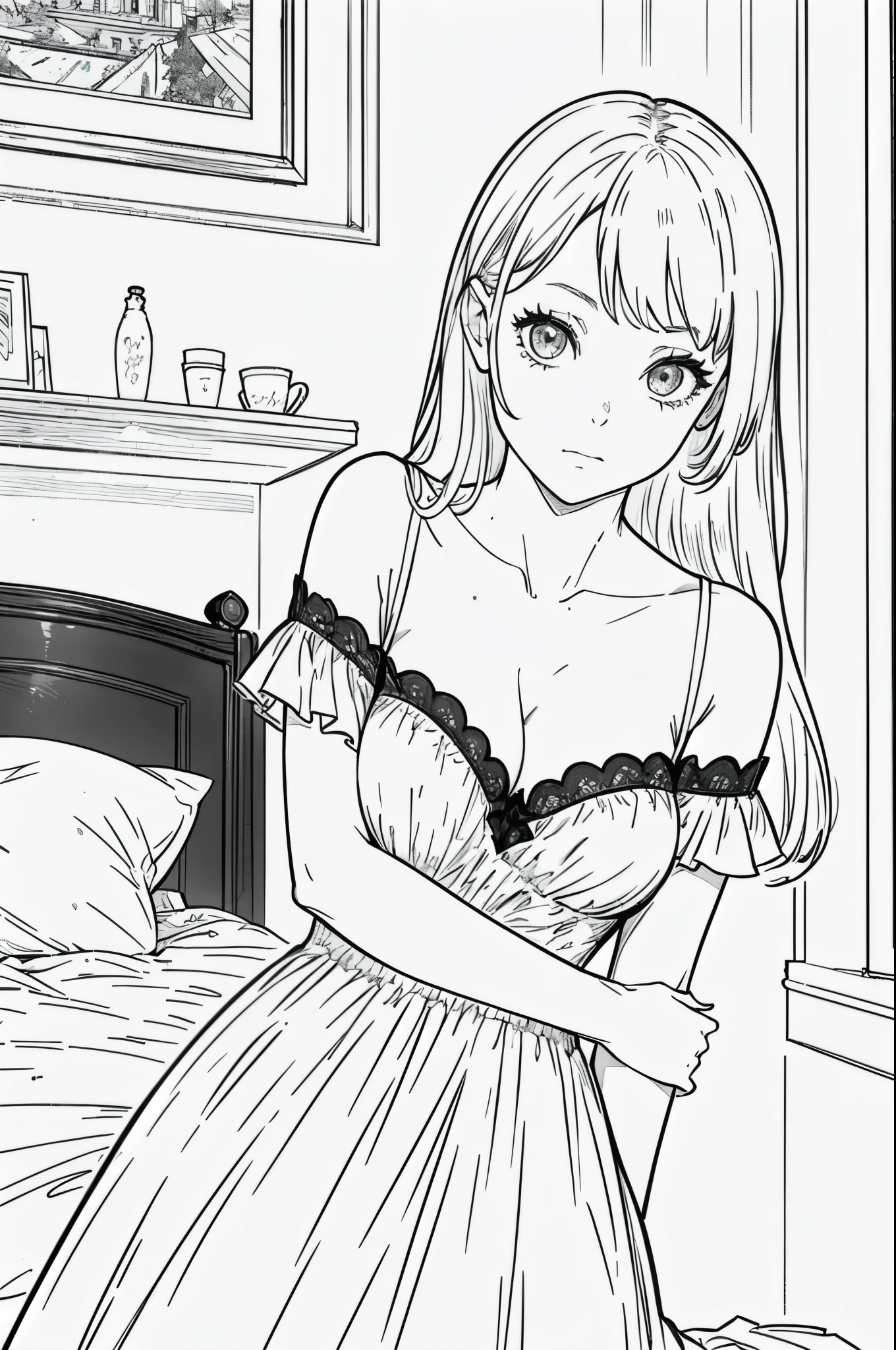 Shooting from below at an angle, monochrome tone, high detail, edge detection, sharpness, high contrast, highlights, beautiful girl, small face, cleavage, blonde hair, off-the-shoulder dress, simple dress, rim light, fill-in light, cinematic light, ultra-wide angle, suite room.