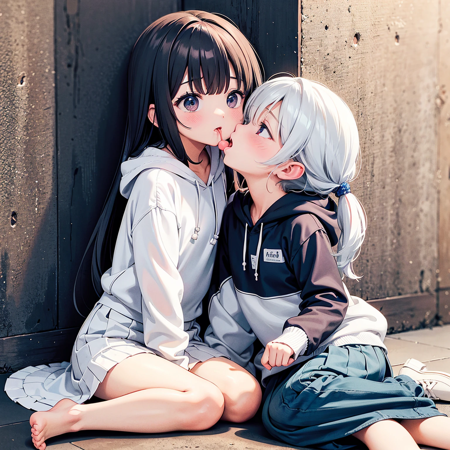The girl is being drugged by a woman in a white coat、Mouth transfer、Kissing a girl on the mouth、Lesbian(Fuck a woman)Hollow eyes、Drunk Eyes、girl wearing a white hoodie、Liquid spills、Mouth open、Red cheeks、Skirt falling off、Medium Long Hair、One-point coloring、Light blue and white、Checkered Skirt、Alley、Empty bottles are lying around 、Skinny clothing、Leaning against a wall、Wall-don