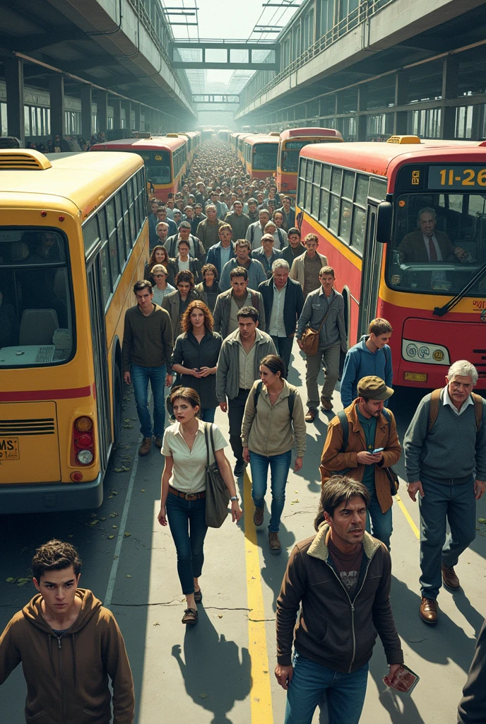Illustration: A crowded bus station with disorganized buses and passengers looking confused.