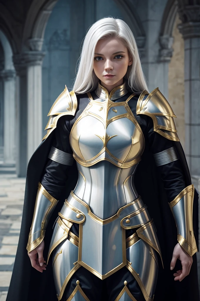 arafed image of a man dressed in armor and a cape, render of heavy fantasy armor, pale porcelain white and gold armor, female knight, with sleek porcelain white and gold armor, female armor, sleek porcelain white and gold armor, with sleek porcelain white and gold metal armor, very stylish fantasy armor, porcelain white and gold armor, girl in knight armor, beautiful female knight, bikini armor female knight, concept armor, fantasy paladin woman
