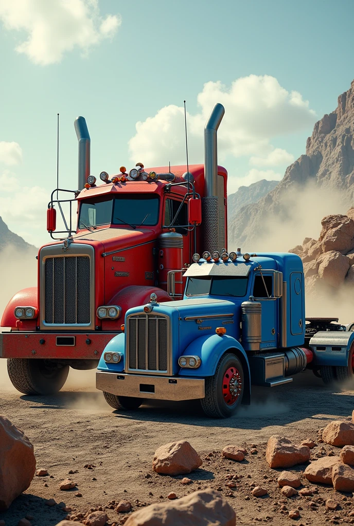 a large red truck, a blue pickup truck, detailed chrome accents, intricate machinery, industrial setting, heavy-duty construction equipment, powerful engine, mud-splattered tires, rugged and durable, gleaming metal surfaces, weathered and worn, industrial landscape, gravel road, clouds of dust, sunlight glinting off chrome, vivid colors, dramatic lighting, photorealistic, 8k, hyper detailed