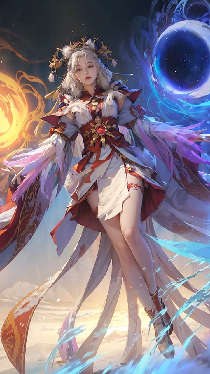8K,realistically, A high resolution, 1 Women, Alone, (ta costume),Gorgeous costumes attract the audience,A beautiful Blue eyes, White hair, eye socket, (External,Oyuki,fur-edged cloak,blanketed in a mantle of snow),snow cover,