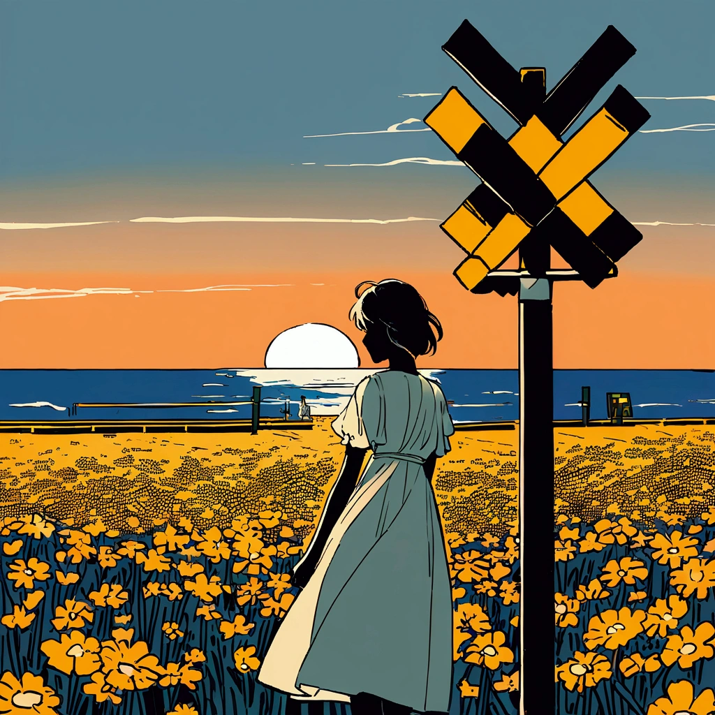 Orange sky, railroad crossing, summer, youth, woman in a white dress, white flowers, nostalgic, ocean, strong sunlight, flat color, delicate scenery, flower field