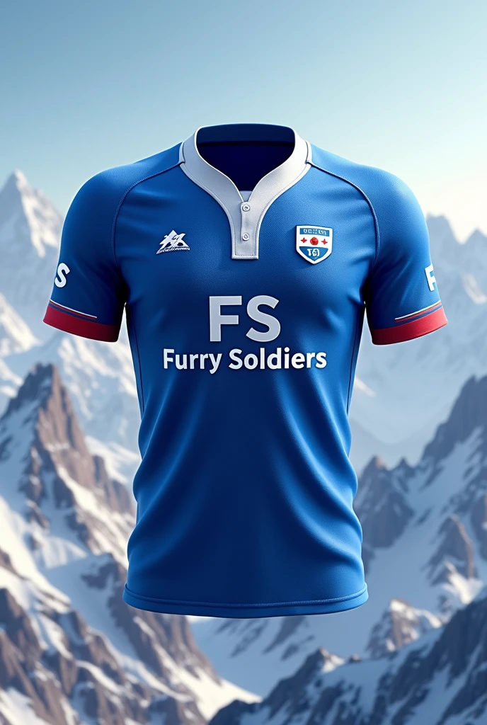 Creat jersey of esports with FS LOGO AND FURRY SOLDIERS WRITTEN IN MIDDLE .bule and white show jersey only .only show jersey .jersey color in nepal falg type and add some mountain in background of color