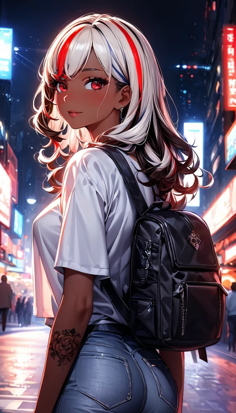 (highest quality:1.2, Very detailed, up to date, Vibrant, Ultra-high resolution, High Contrast, masterpiece:1.2, highest quality, Best aesthetics), Portraiture、girl、singer, solo, ((25-years-old:1)), Bright colors, Beautiful fine details、Beautiful lip detail、medium wave hair、red and white ((streaked hair:1.6)), highlights hair: 1.5, red eyes, slim body, medium breast, (tan skin:1.1), (Floral Fineline tattoo design on left arm:1), (Walking down the busy street at night:1), sparkling city lights, daypack on left shoulder, t-shirt, jeans short, long boots, looking back, cowboy shot