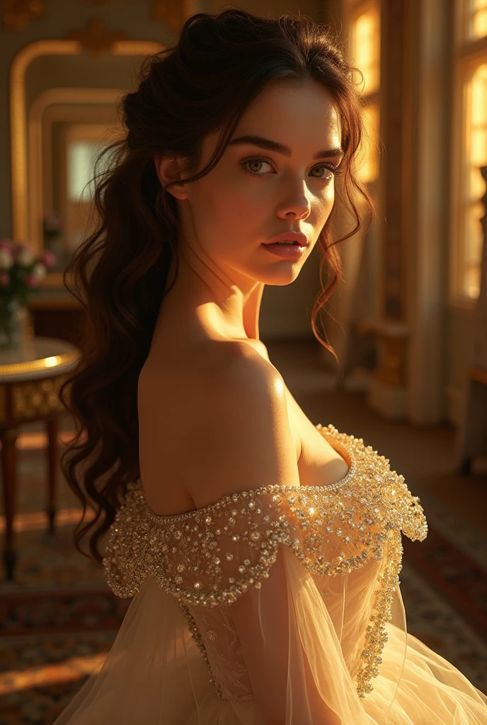 Photoshoot of a graceful and enigmatic beauty, reminiscent of Anya Taylor-Joys ethereal charm, dressed in an elegant Art Deco-inspired gown. The setting is an opulent, lavish ballroom bathed in golden, Art Deco-style lighting, creating dramatic yet sophisticated shadows and reflections.