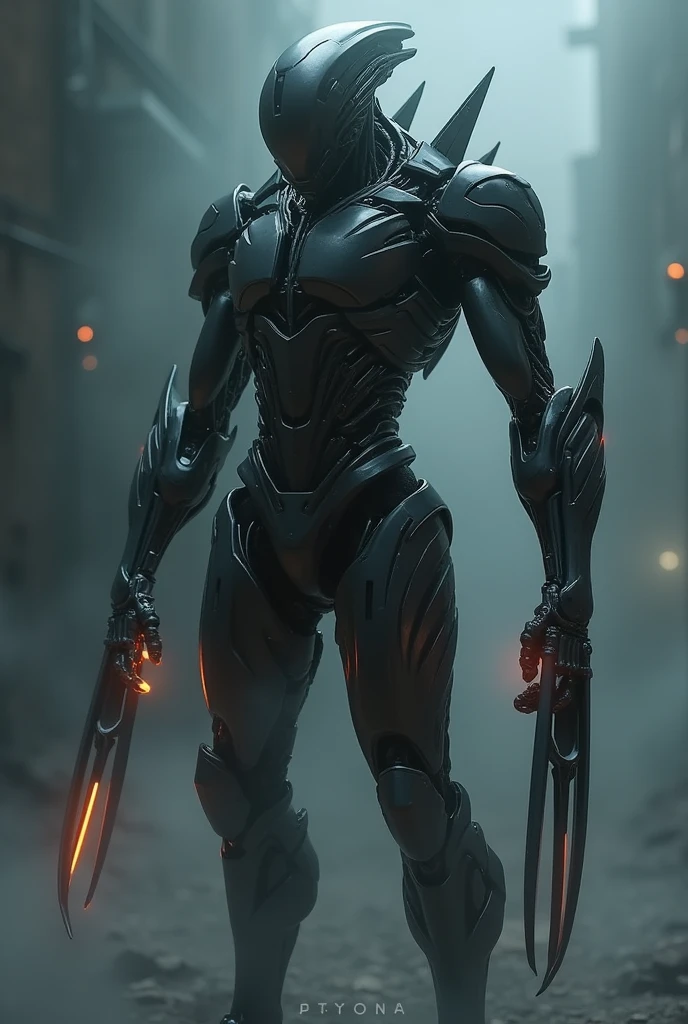 a highly detailed 8k digital painting of a futuristic cyborg alien humanoid with a robotic iron man black exoskeleton, robocop style body, long mechanical arms, and blade-like arm attachments, hyper realistic, cinematic lighting, volumetric fog, dramatic shadows, intricate mechanical details, glowing energy effects, dark moody color palette