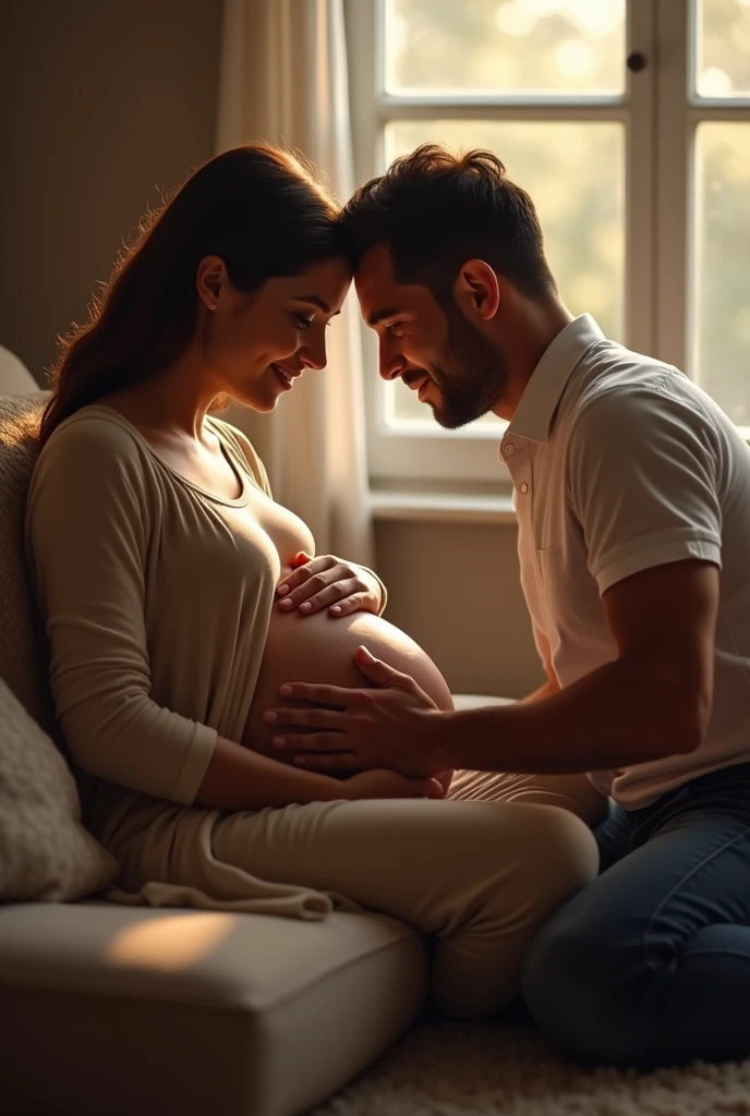 Draw me a 9- woman sitting on the couch, caressing her huge pregnant belly, while her husband gently caresses this huge belly.