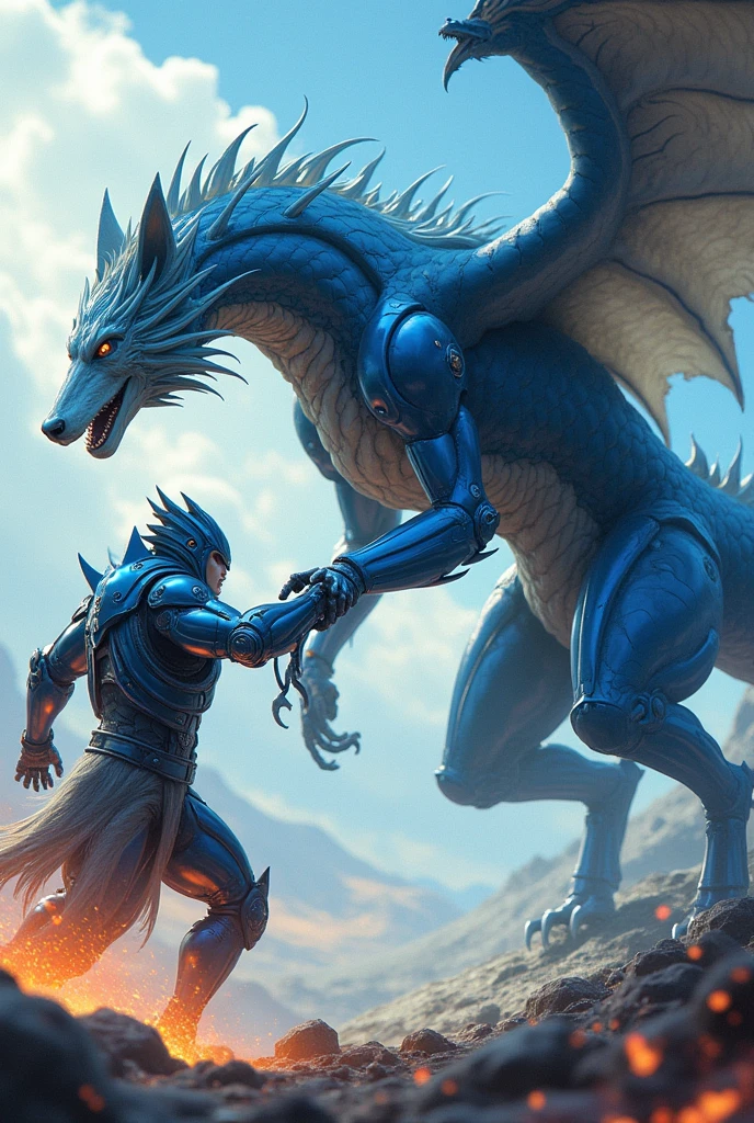 A wolf with a robotic blue Armor with a scary face
 in a imaginary world with watery fire butiful fight in noon time against 
a dragon 