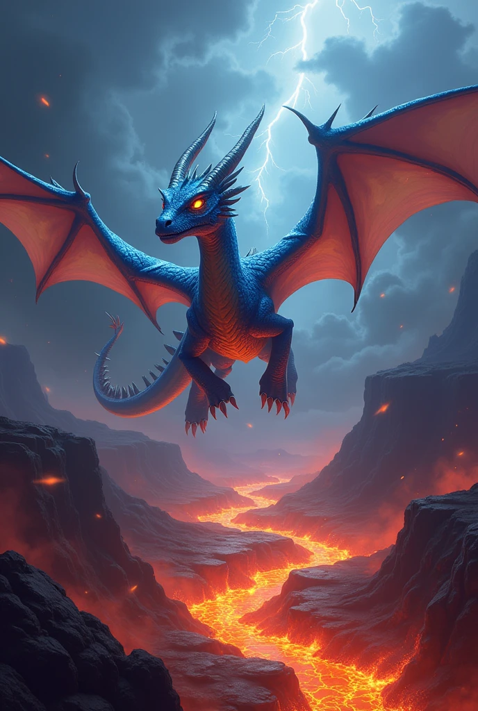 "A majestic fantasy dragon with sapphire blue scales and large, ethereal wings, soaring over a fiery volcano. The dragon has glowing golden eyes and elegant, curved horns. The background features swirling lava flows and dark, ominous clouds with occasional bursts of lightning."