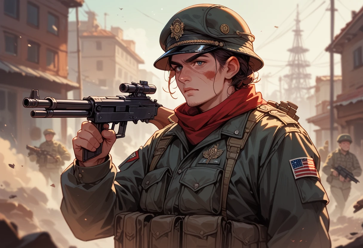 high quality、high resolution、Gorillas dressed in combat uniforms and armed with guns are at war、The background is an unexplored planet