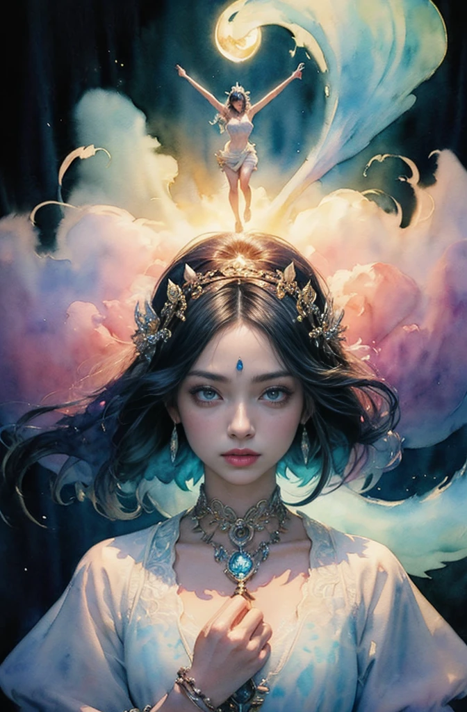 (Tabletop, Highest qualityの, Highest quality, Official Art, (beautifully、aesthetic:1.4), (Watercolor:1.4) ), (Izanami 1.5), 日本のgod話の女god, Majestic beauty, 創造の女god、生命の女god、Typically、((((Typically))))、Reincarnation Support, god'Grace, Gentle and meditative expressions, Flowing, celestial garments, Shine、Created all the landscapes and worlds on Earth, A dazzling dance of light, Whispers of Ancient Legends