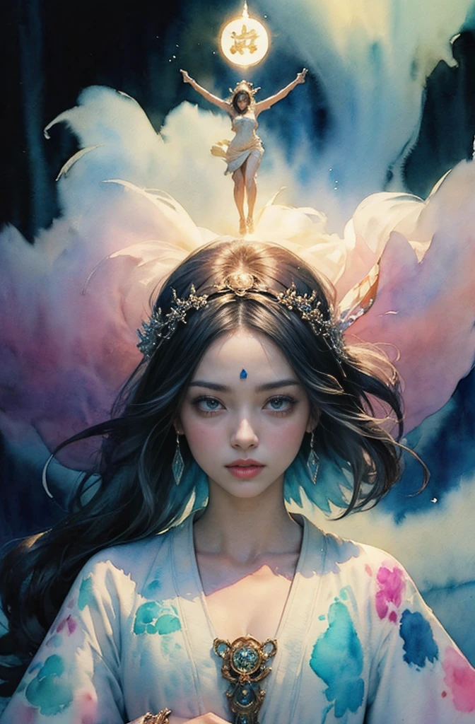 (Tabletop, Highest qualityの, Highest quality, Official Art, (beautifully、aesthetic:1.4), (Watercolor:1.4) ), (Izanami 1.5), 日本のgod話の女god, Majestic beauty, 創造の女god、生命の女god、Typically、((((Typically))))、Reincarnation Support, god&#39;Grace, Gentle and meditative expressions, Flowing, celestial garments, Shine、Created all the landscapes and worlds on Earth, A dazzling dance of light, Whispers of Ancient Legends