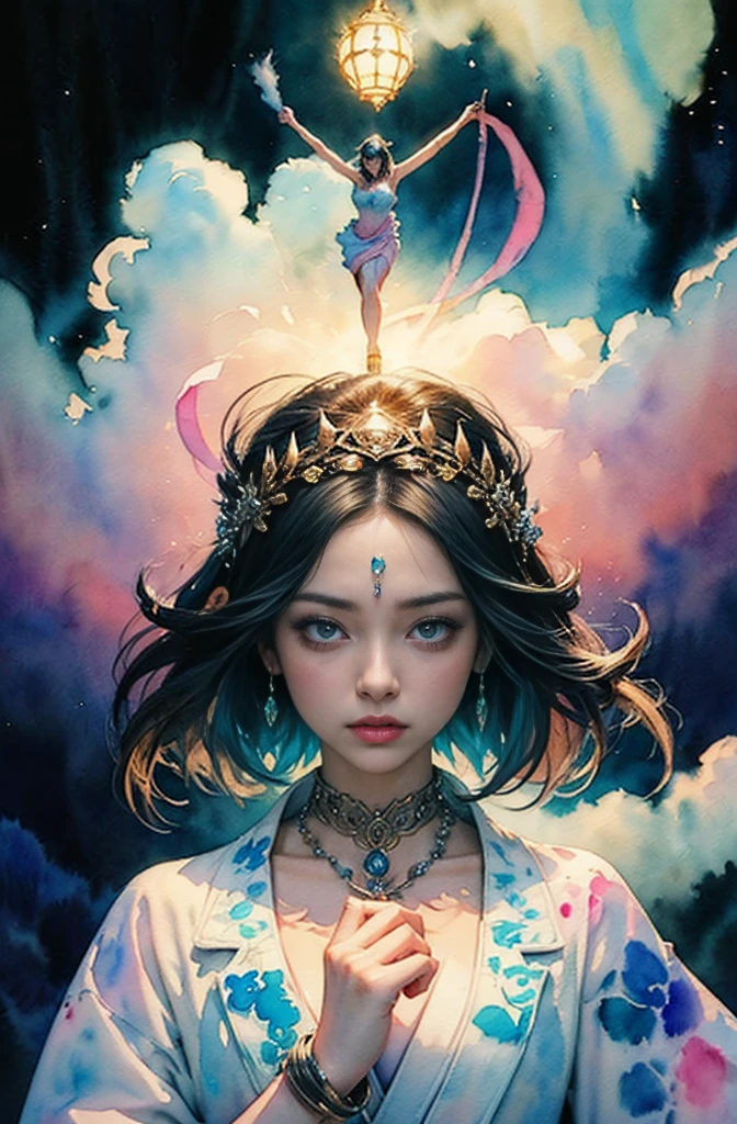 (Tabletop, Highest qualityの, Highest quality, Official Art, (beautifully、aesthetic:1.4), (Watercolor:1.4) ), (Izanami 1.5), 日本のgod話の女god, Majestic beauty, 創造の女god、生命の女god、Typically、((((Typically))))、Reincarnation Support, god&#39;Grace, Gentle and meditative expressions, Flowing, celestial garments, Shine、Created all the landscapes and worlds on Earth, A dazzling dance of light, Whispers of Ancient Legends